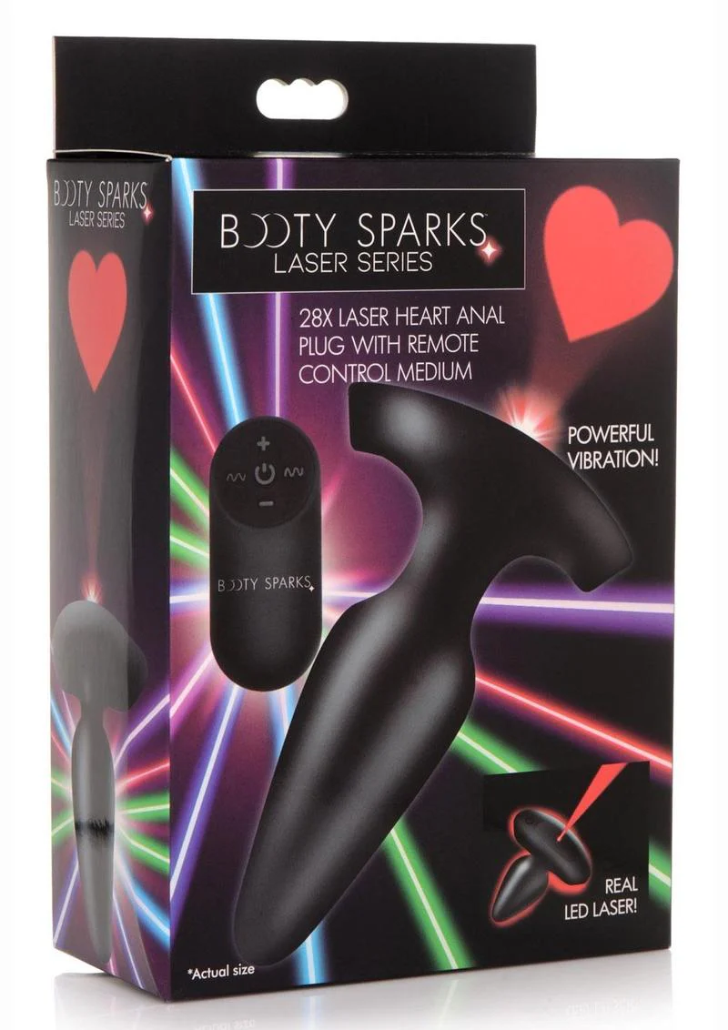 Booty Sparks Laser Heart Rechargeable Silicone Anal Plug with Remote Control - Medium - Black with Red Lights - Image 2