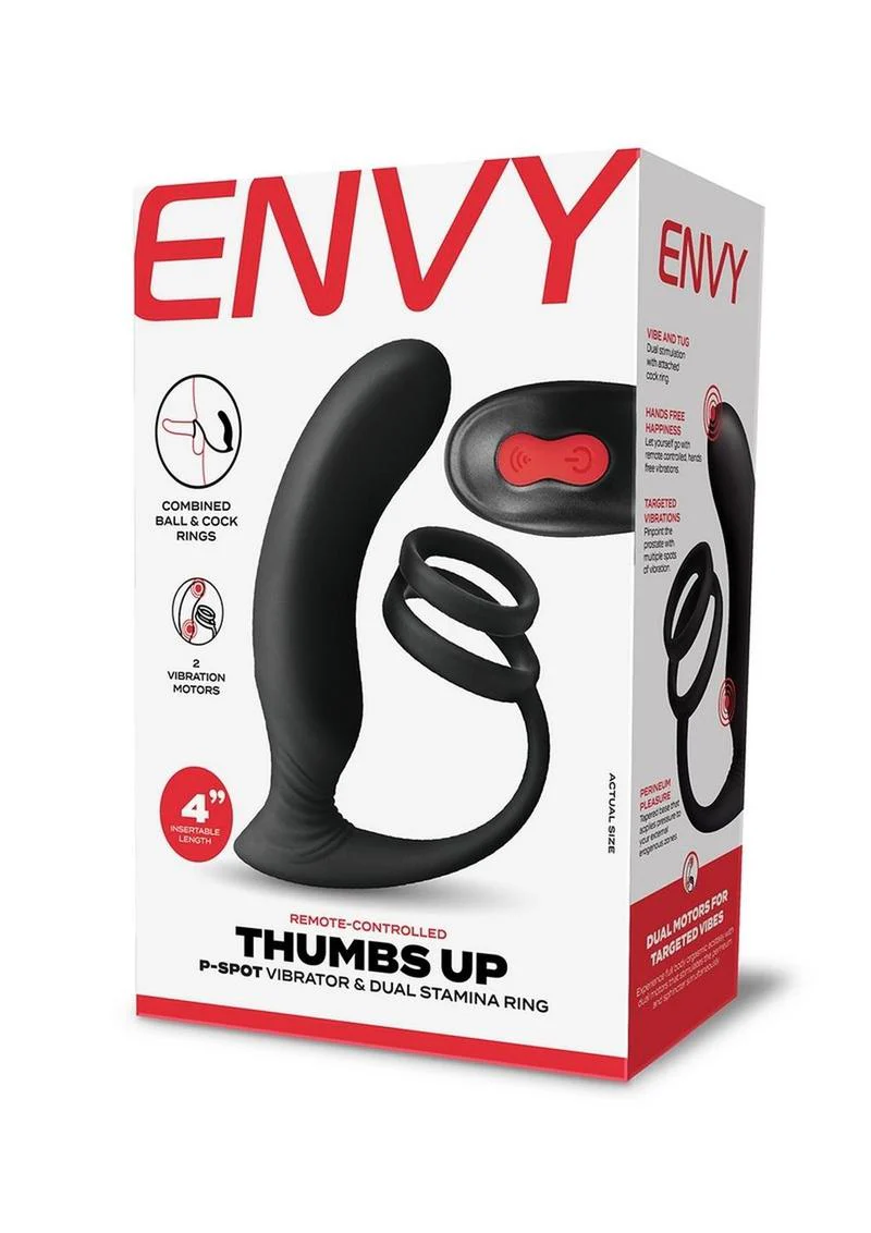 Envy Toys Thumbs Up Remote Controlled Rechargeable Silicone P-Spot Vibrator and Dual Stamina Ring - Image 2