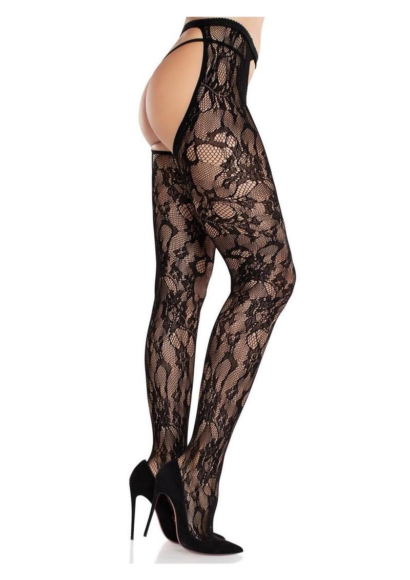 Eyelet Rose Lace Crotchless Tights with Cheeky Open Back - Image 2