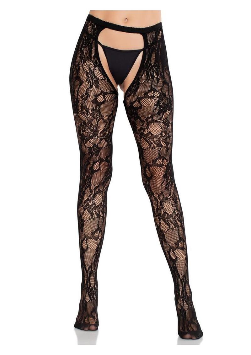 Eyelet Rose Lace Crotchless Tights with Cheeky Open Back - Image 4