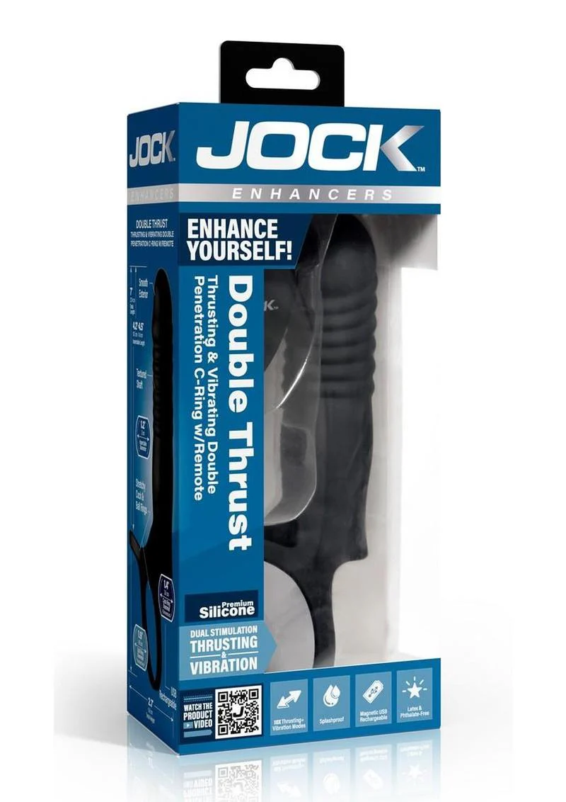 Jock Double Thrust Thrusting and Vibrating Double Penetration Rechargeable Silicone Cock Ring W/ Remote - Image 2