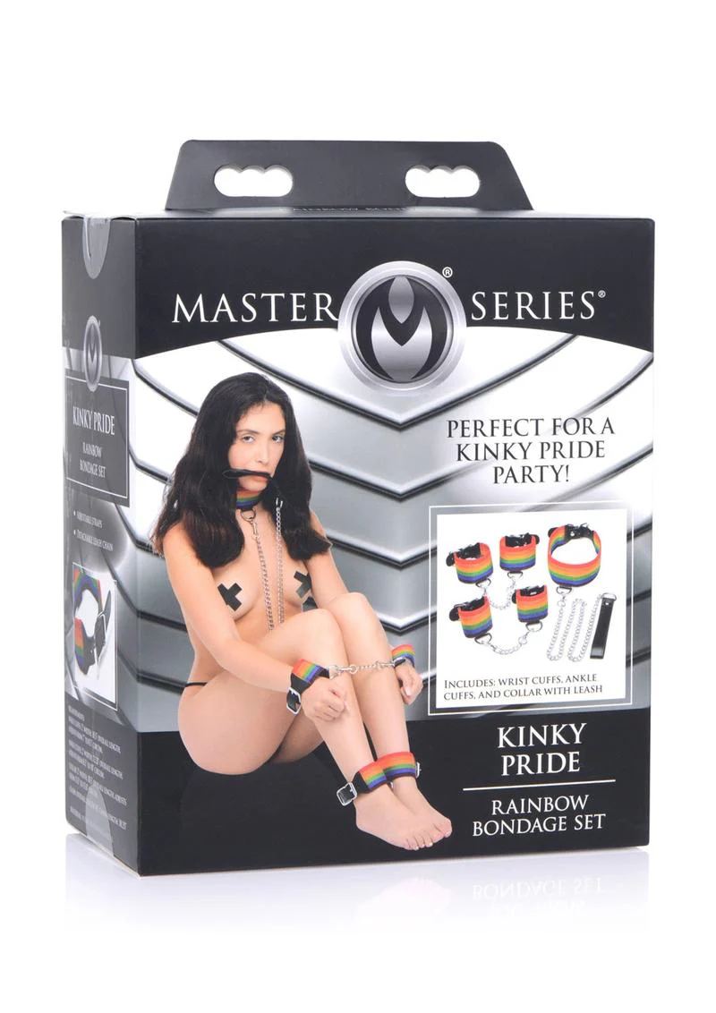 Kinky Pride Rainbow Bondage Set - Wrist/Ankle Cuffs and Collar with Leash - Image 2