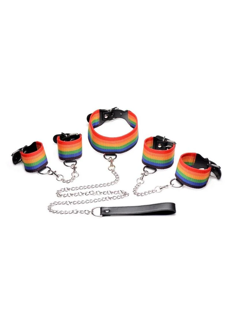 Kinky Pride Rainbow Bondage Set - Wrist/Ankle Cuffs and Collar with Leash - Image 4