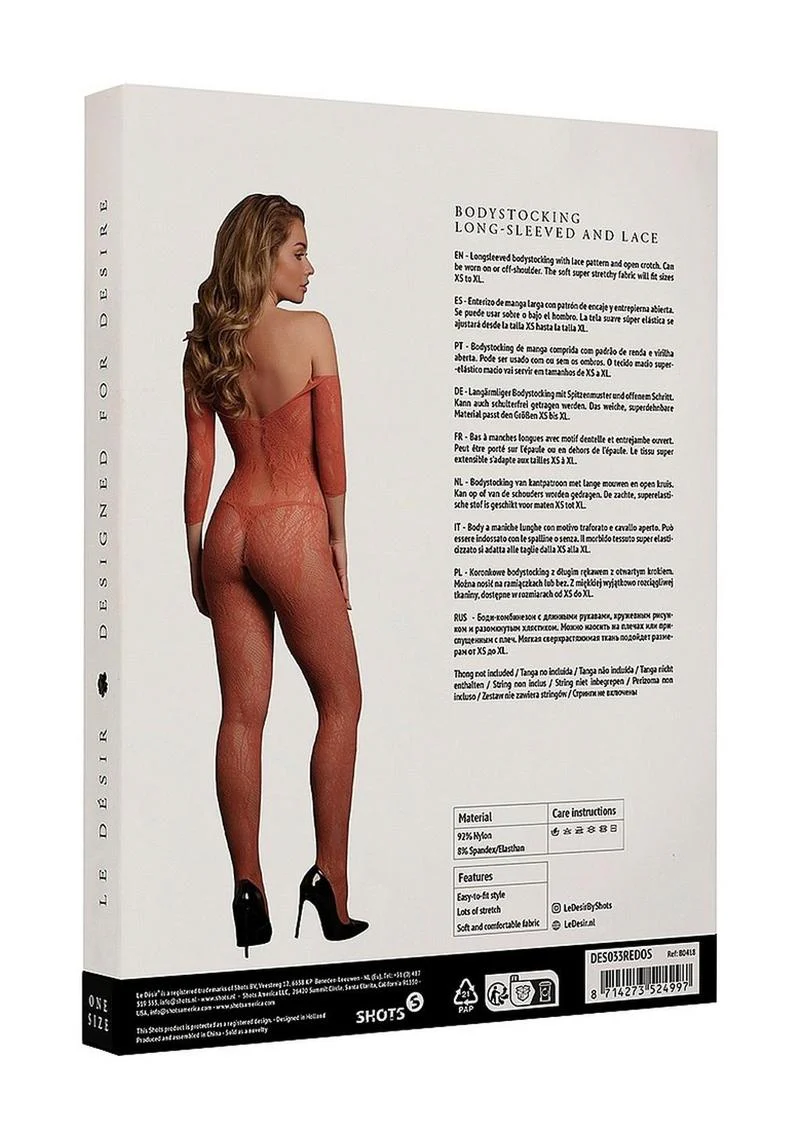 Le Desir Lace Long Sleeved Bodystocking - One Size - Sunset Glow - Image 4