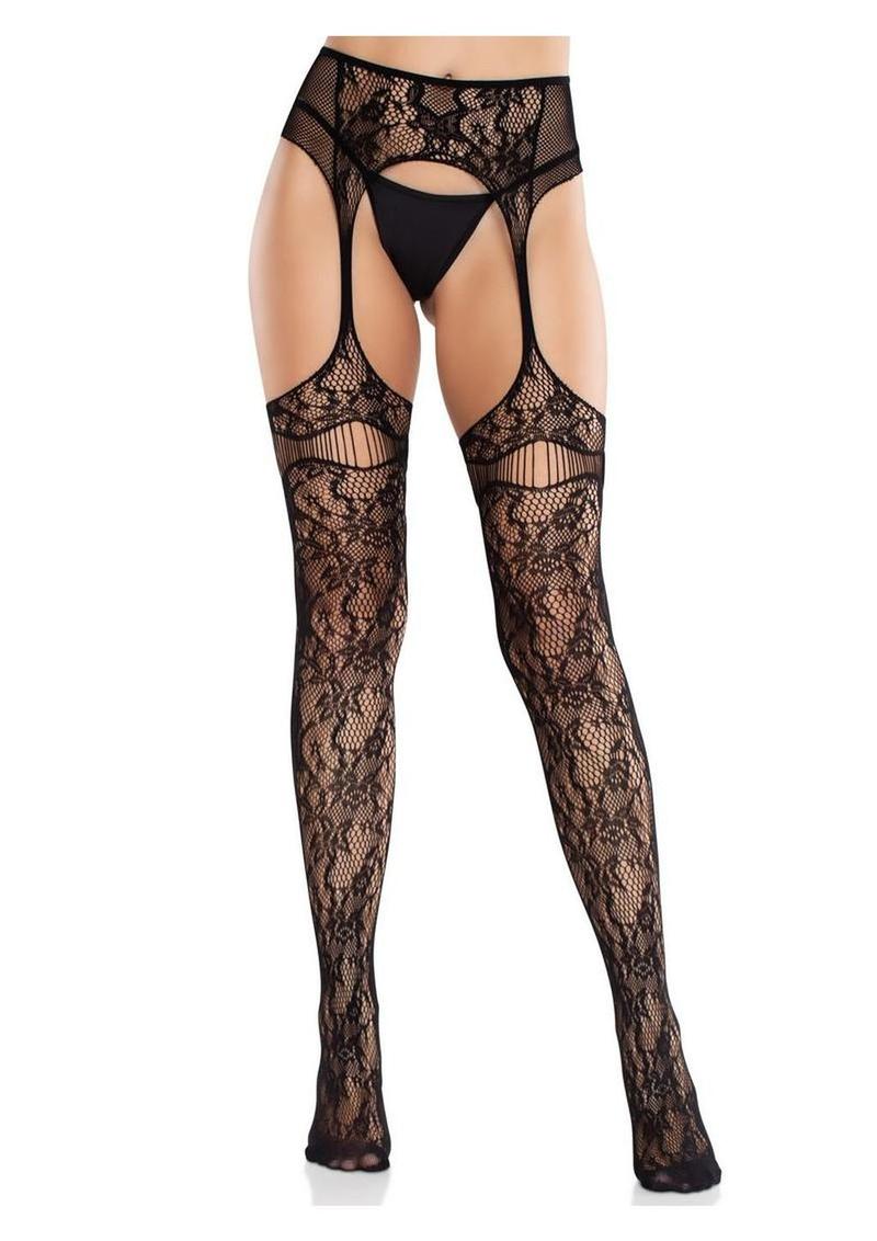 Leg Avenue Bloom Net Stockings with Cut-Out Thigh Detail and Attached Garter Belt - Image 5