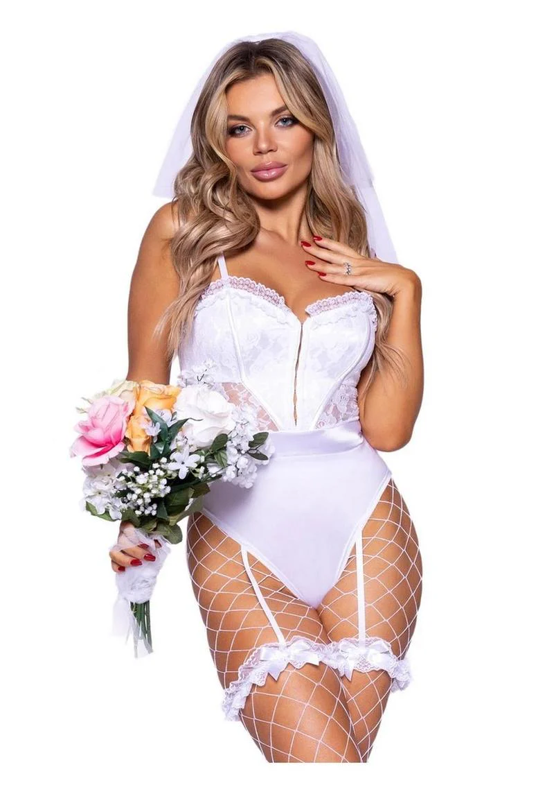 "Leg Avenue Bridal Babe Lace Garter Bodysuit, Bow and Train Bustle, and Bridal Veil" - Image 3