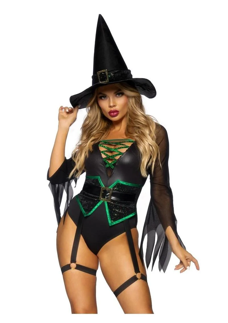 "Leg Avenue Broomstick Babe Bodysuit with Lace Up Deep-V and Waist Cincher Buckle Accent, Attached Garters, and Witch Hat"