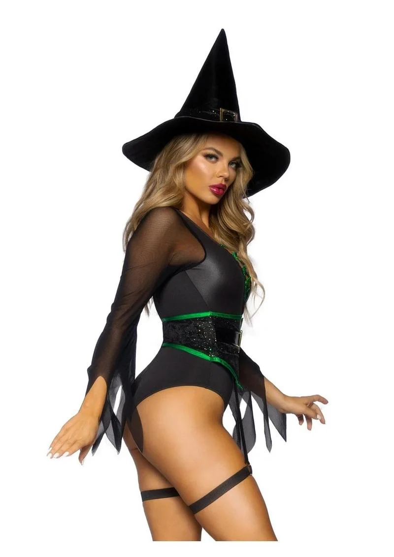 "Leg Avenue Broomstick Babe Bodysuit with Lace Up Deep-V and Waist Cincher Buckle Accent, Attached Garters, and Witch Hat" - Image 10