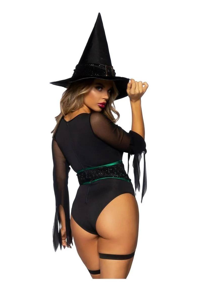 "Leg Avenue Broomstick Babe Bodysuit with Lace Up Deep-V and Waist Cincher Buckle Accent, Attached Garters, and Witch Hat" - Image 11