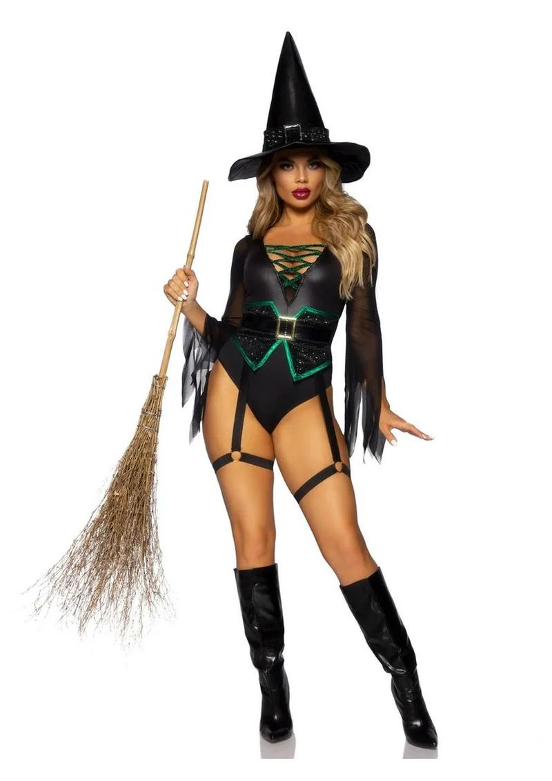 "Leg Avenue Broomstick Babe Bodysuit with Lace Up Deep-V and Waist Cincher Buckle Accent, Attached Garters, and Witch Hat" - Image 12