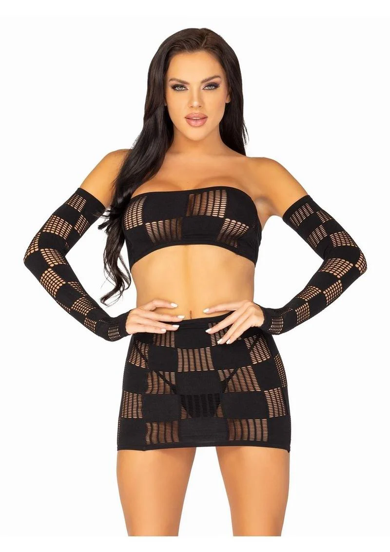 Leg Avenue Checkerboard Net and Opaque Bandeau Mini Skirt and Arm Warmers - Image 4