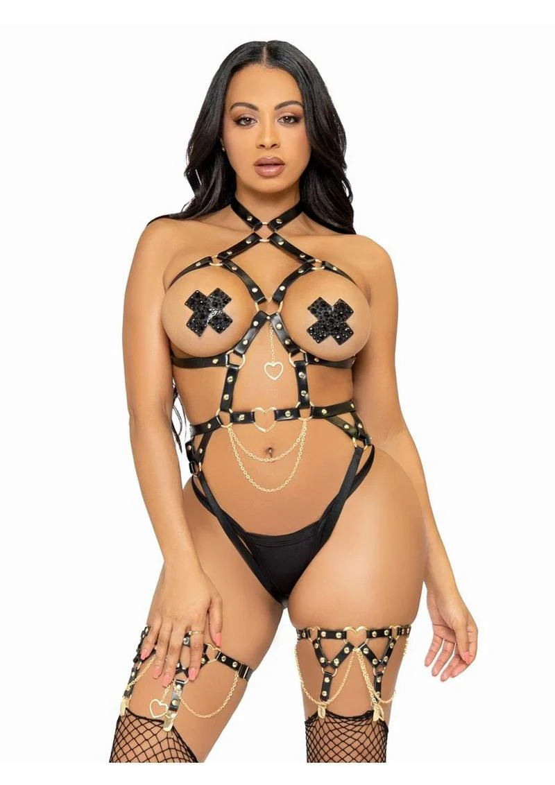 "Leg Avenue Convertible Vegan Leather Heart Ring Studded Harness Teddy with Panty-Straps, and Chain" - Image 3