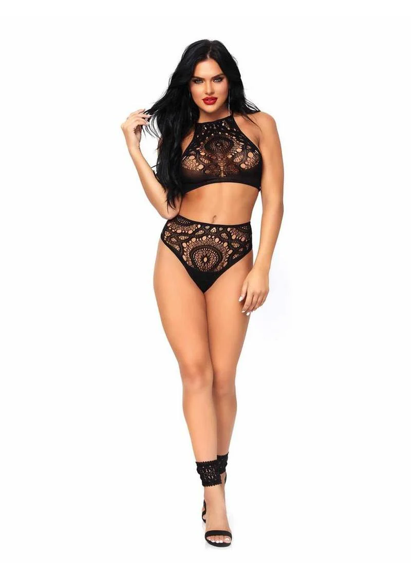 Leg Avenue Crochet Lace Halter Crop Top with Strappy Back Detail and High Waist Thong Panties - Image 4