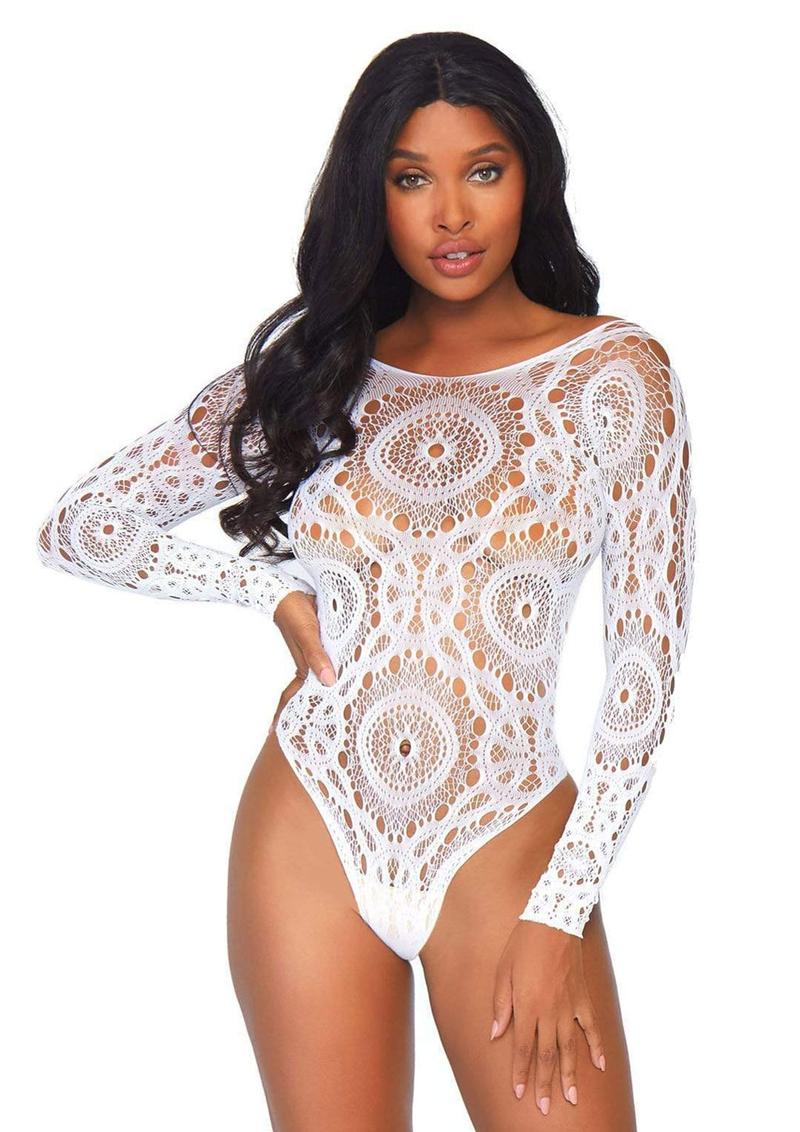 Leg Avenue Crochet Lace Long Sleeved Snap Crotch Thong Back Bodysuit - Image 2