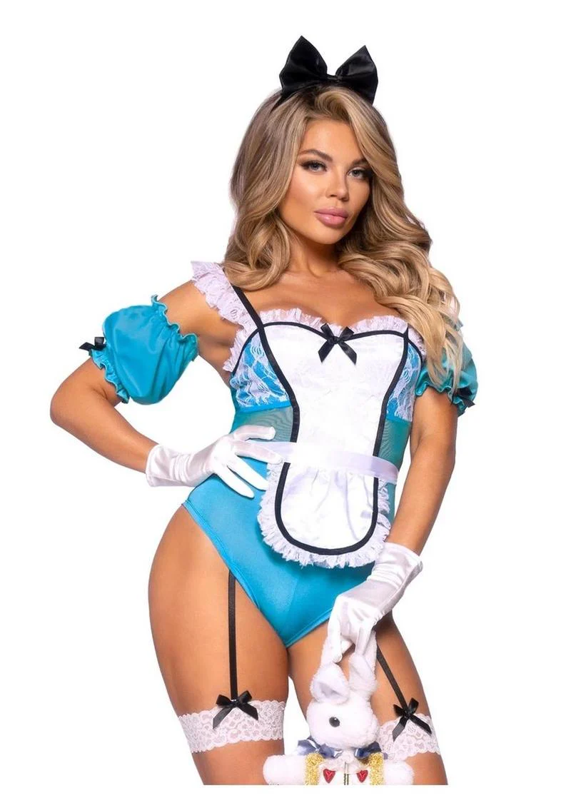 "Leg Avenue Curious Miss Alice Lace Trimmed Garter Bodysuit with Sheer Panels, Puff Sleeves, Apron, and Bow Headband"