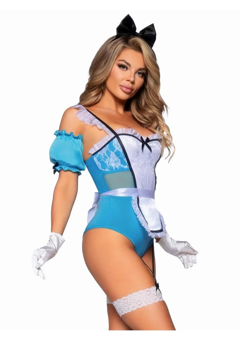 "Leg Avenue Curious Miss Alice Lace Trimmed Garter Bodysuit with Sheer Panels, Puff Sleeves, Apron, and Bow Headband" - Image 4