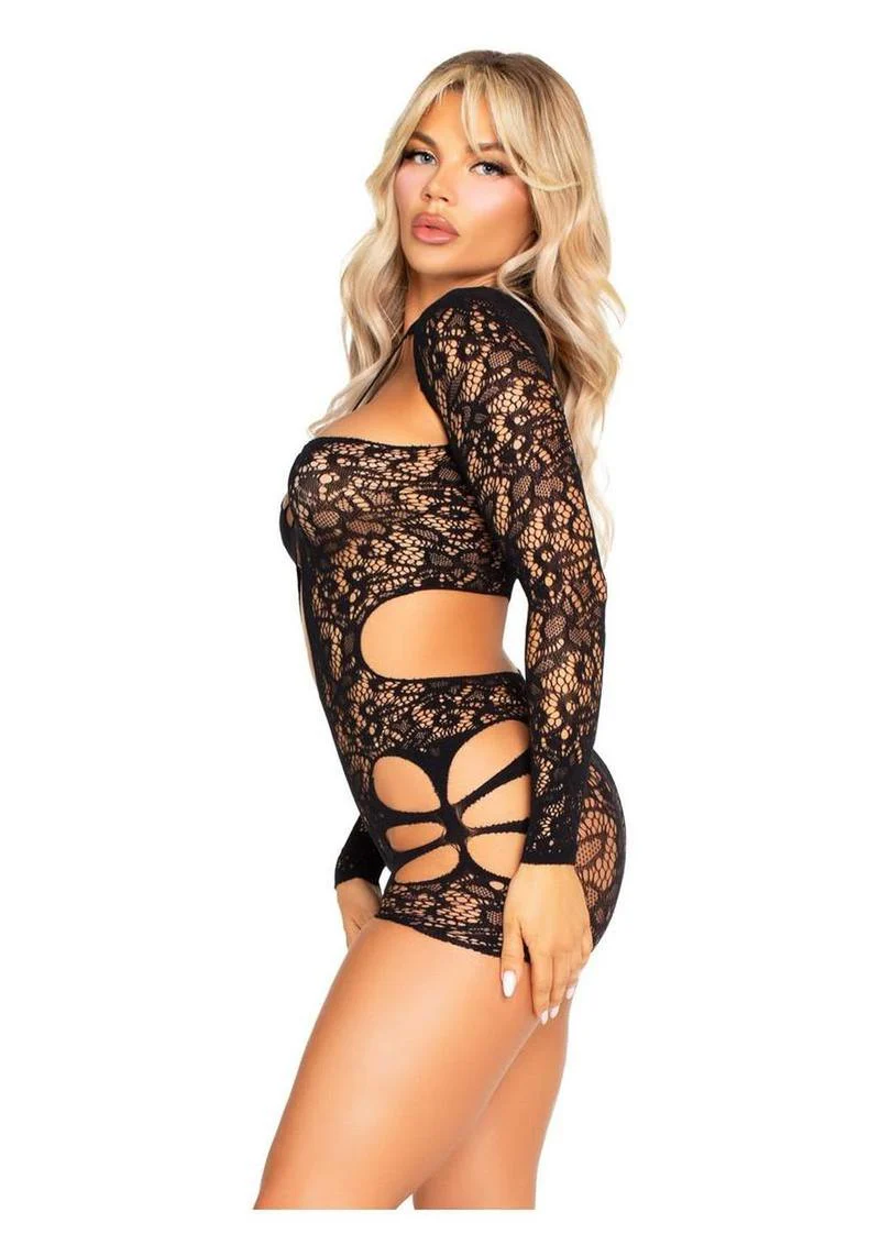 Leg Avenue Cut-Out Lace Romper with Attached Shrug - Image 2
