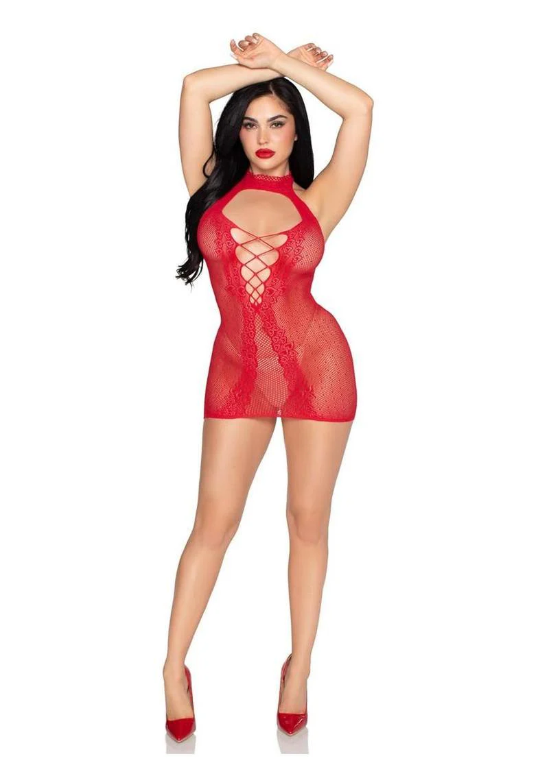 Leg Avenue Dotted Net and Lace Halter Mini Dress with Faux Lace-Up Open Back - Image 8