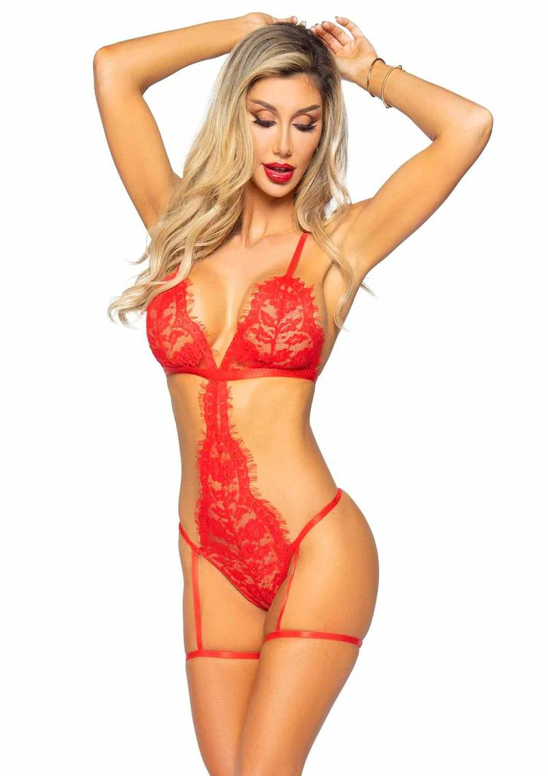 "Leg Avenue Eyelash Lace Garter Teddy with G-String Back and Adjustable Straps, Lace Robe and Ribbon Tie" - Image 17