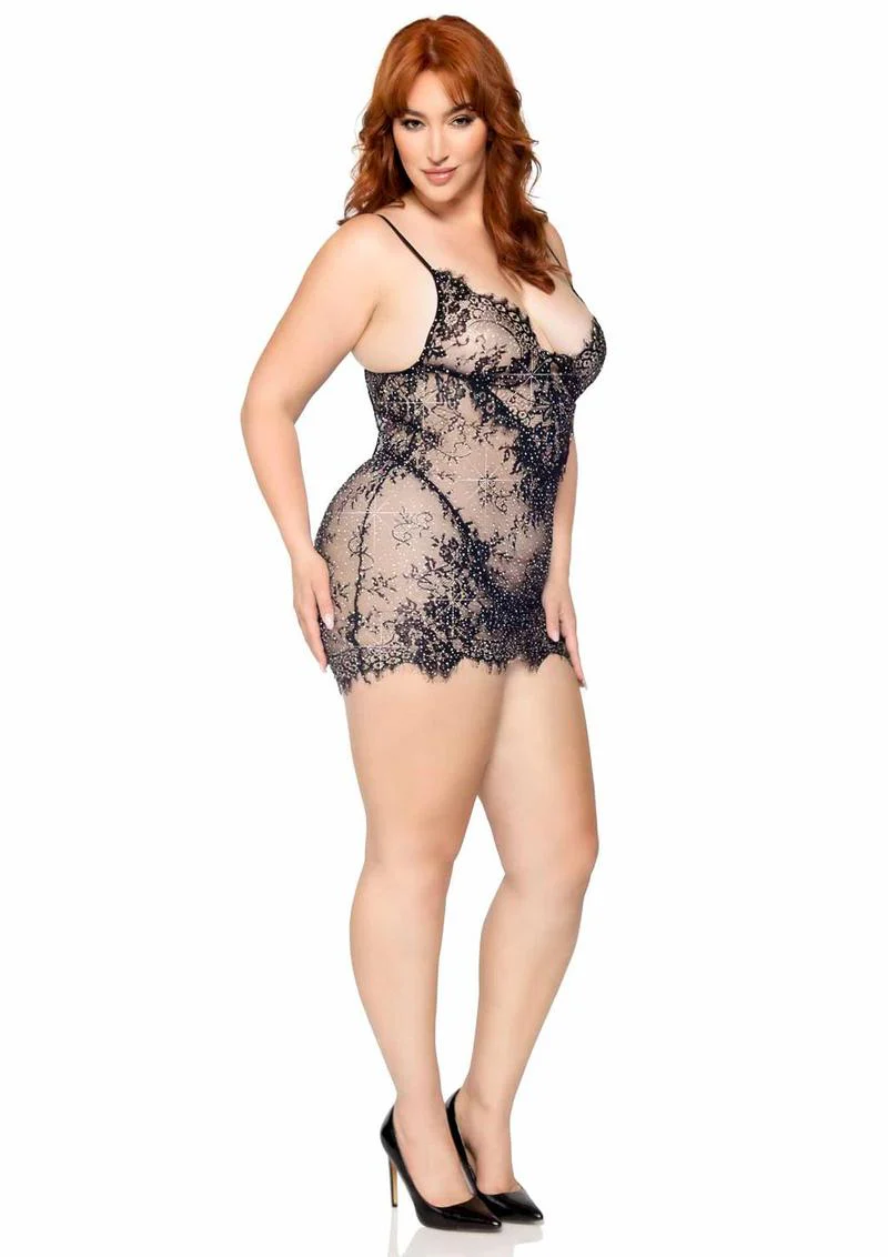 Leg Avenue Eyelash Lace Rhinestone Backless Mini Dress and G-String - Image 3