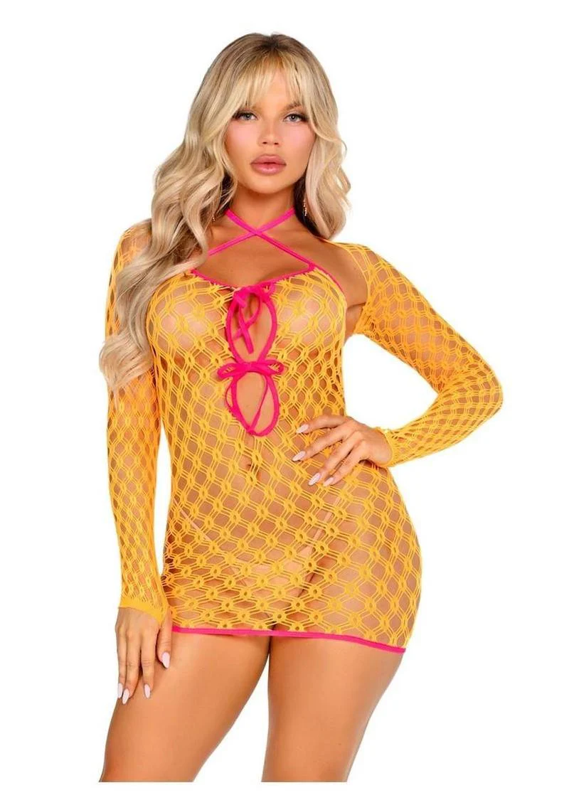 Leg Avenue Eyelet Net Mini Dress with Tie-Front Keyhole Detail and Shrug