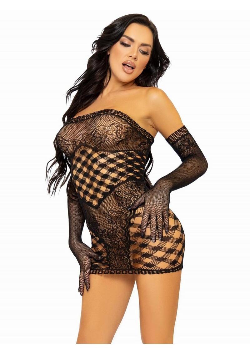 Leg Avenue Hardcore Net Tube Dress with Lace Accent and Matching Gloves - Image 2