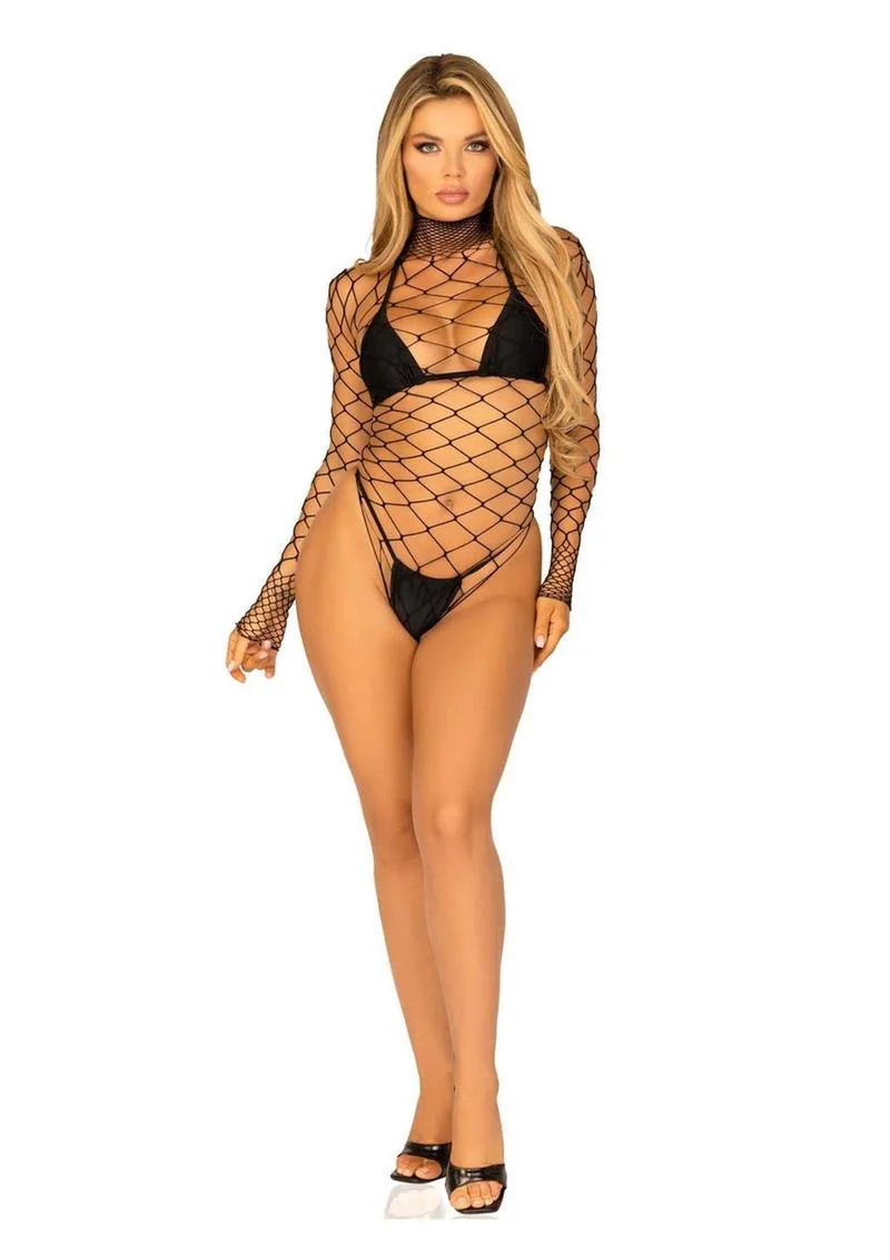 Leg Avenue High Neck Fence Net Long Sleeved Bodysuit with Snap Crotch Thong Panty - Image 2