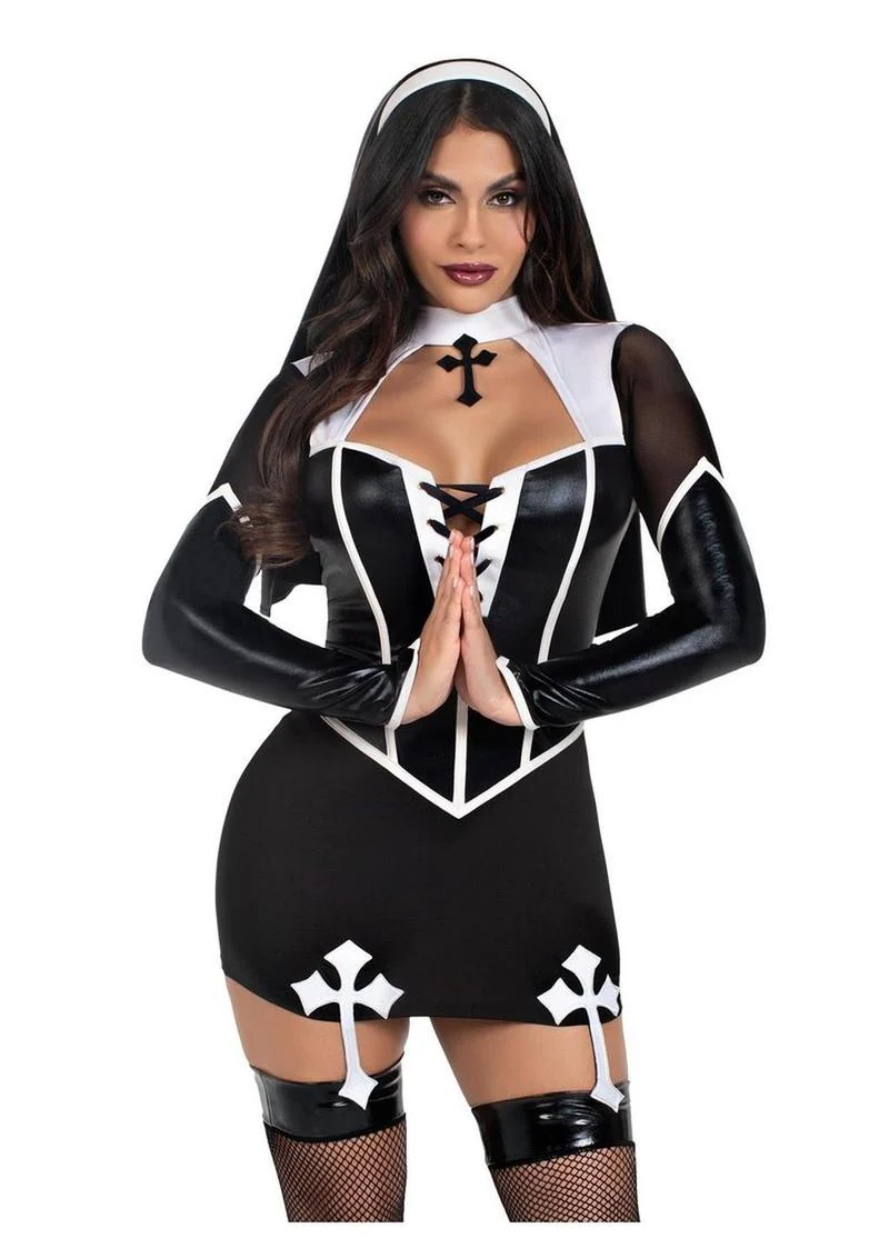 Leg Avenue Holy Hottie Set Boned Garter Dress with Cross Accents and Nun Habit - Image 2