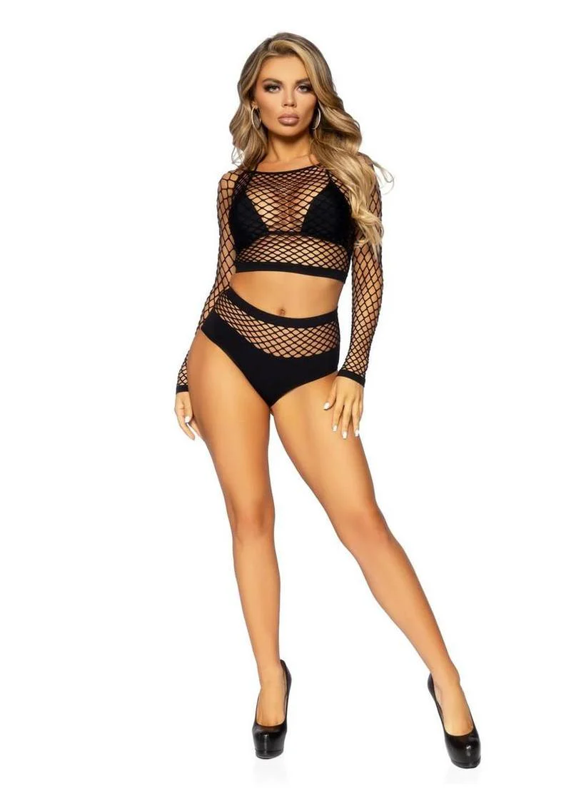Leg Avenue Industrial Net Long Sleeved Crop Top and High Waist Full Back Opaque Bottoms - Image 3
