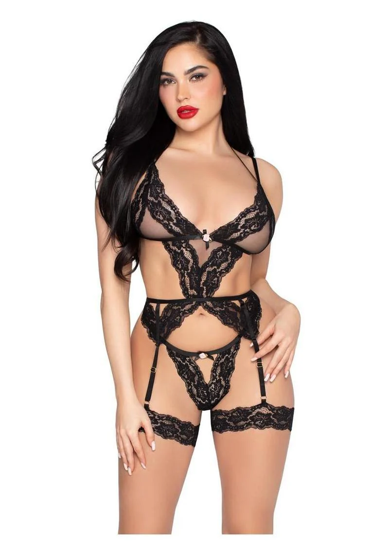 Leg Avenue Lace and Sheer Cami Garter with Rosette Accent and Matching G-String Panty - Image 6