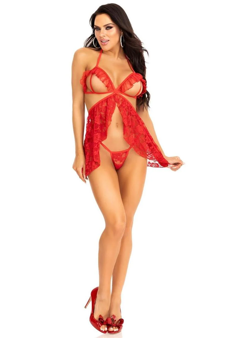 Leg Avenue Lace Flyaway Babydoll with Ruffle Peek-A-Boo Cups and Lace G-String - Image 12