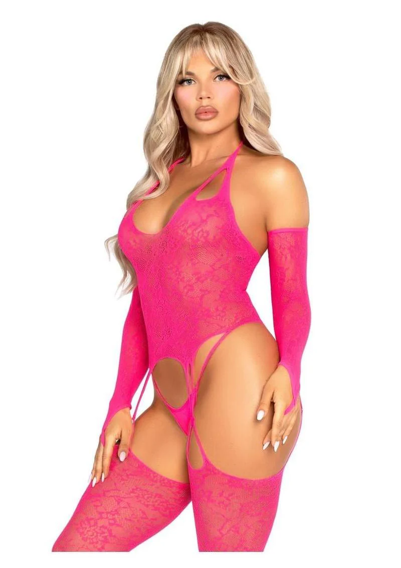 Leg Avenue Lace Halter Footless Cami Garter with Attached Toe Loop Stockings and Arm Warmers - Image 2