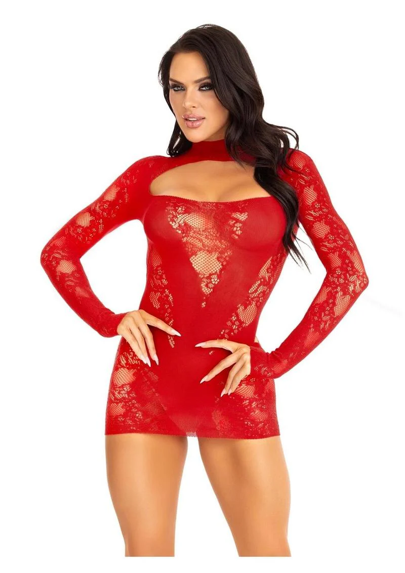 Leg Avenue Lace Keyhole Mini Dress with Opaque Panel Detailing and Gloved Sleeves