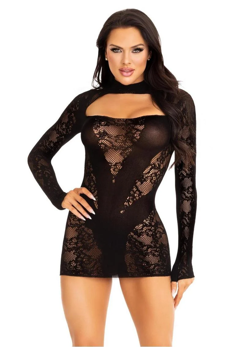 Leg Avenue Lace Keyhole Mini Dress with Opaque Panel Detailing and Gloved Sleeves - Image 2