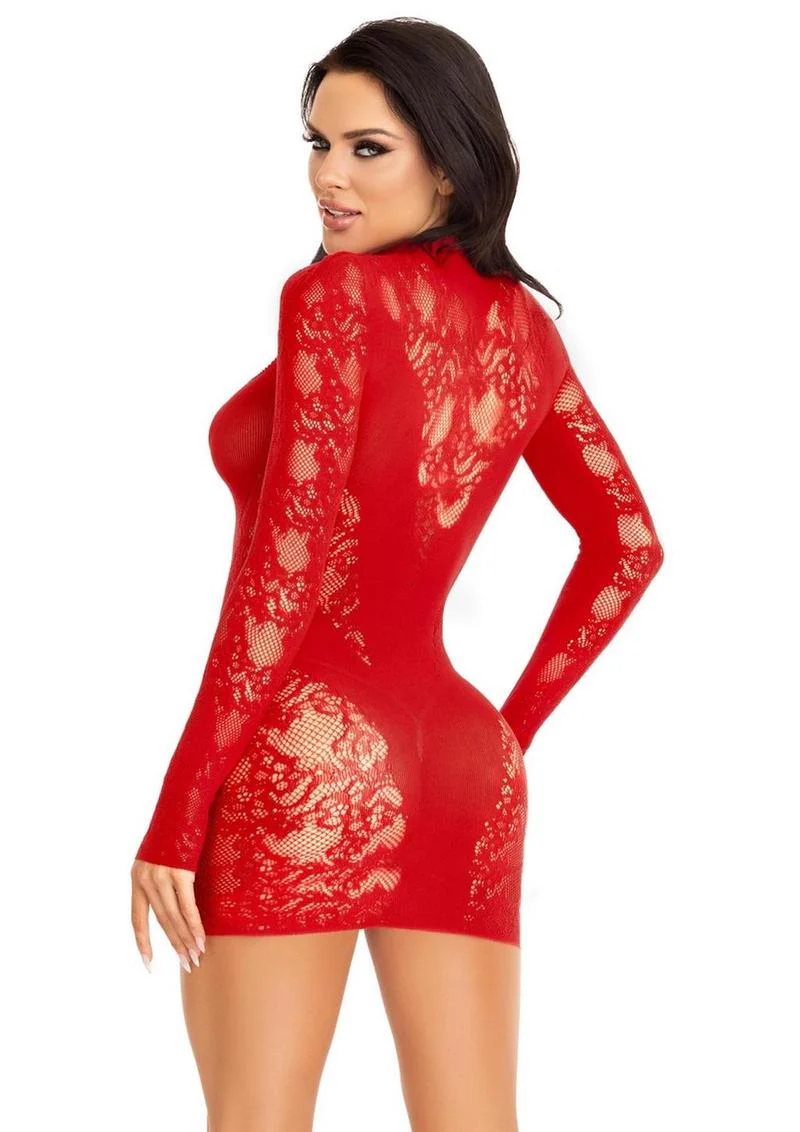 Leg Avenue Lace Keyhole Mini Dress with Opaque Panel Detailing and Gloved Sleeves - Image 3