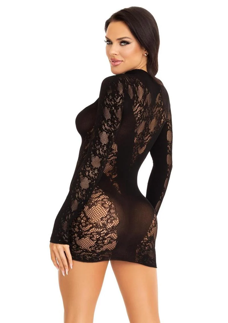 Leg Avenue Lace Keyhole Mini Dress with Opaque Panel Detailing and Gloved Sleeves - Image 5