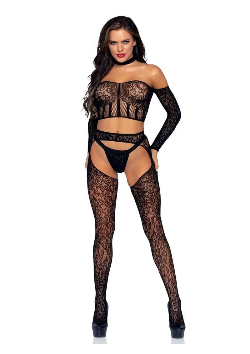 Leg Avenue Lace Long Sleeve Halter Choker Crop Top, Lace Suspender Hose, and G-String - Image 3