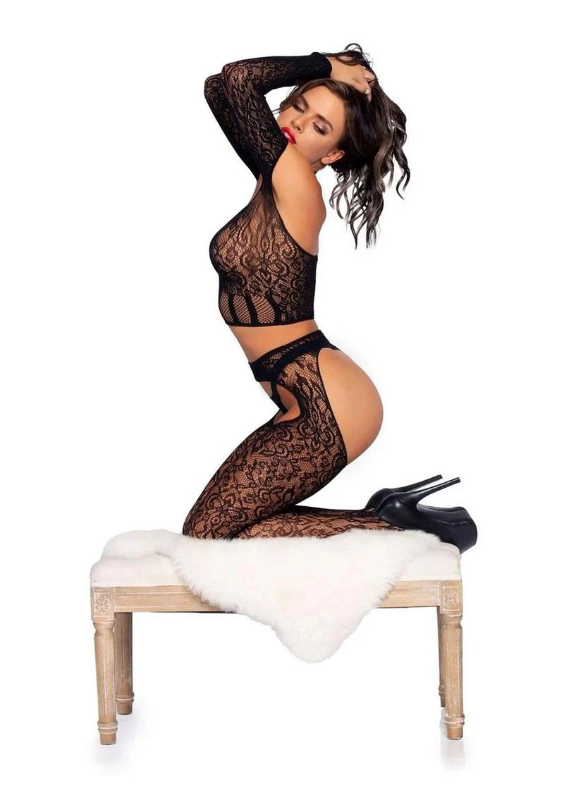 Leg Avenue Lace Long Sleeve Halter Choker Crop Top, Lace Suspender Hose, and G-String - Image 4