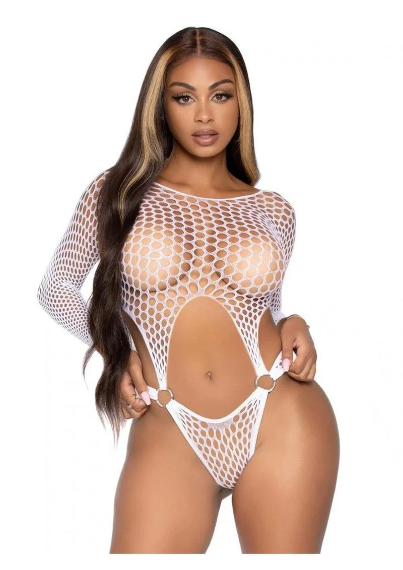 Leg Avenue Long Sleeve Pothole Suspender Top Bodysuit with Thong Back and O-Ring Detail - Image 2