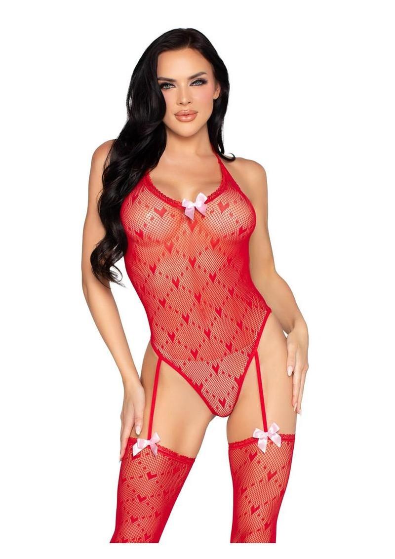 Leg Avenue Mini Heart Trimmed Heart Net Teddy with Attached Stockings - Image 2