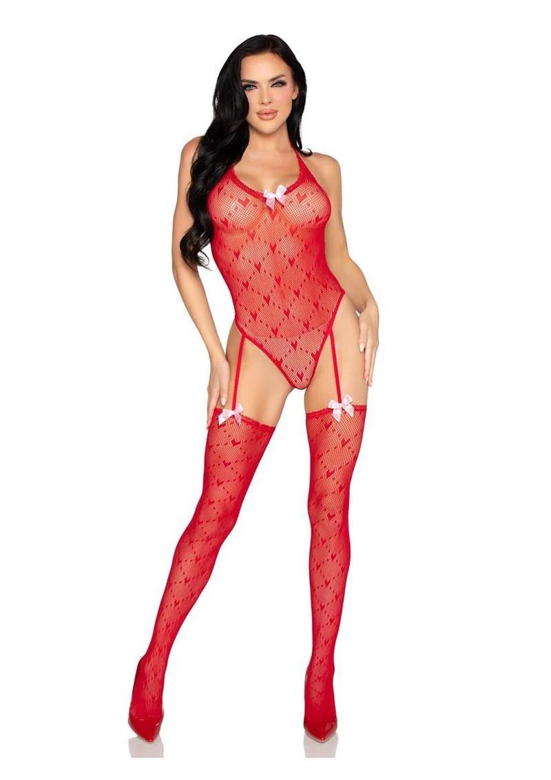 Leg Avenue Mini Heart Trimmed Heart Net Teddy with Attached Stockings - Image 8