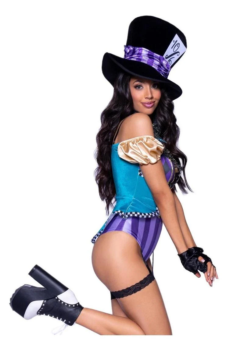 "Leg Avenue Mischievous Mad Hatter Garter Bodysuit with Strappy Deep-V and Puff Sleeves, Bow Collar, and Mad Hatter Hat" - Image 4