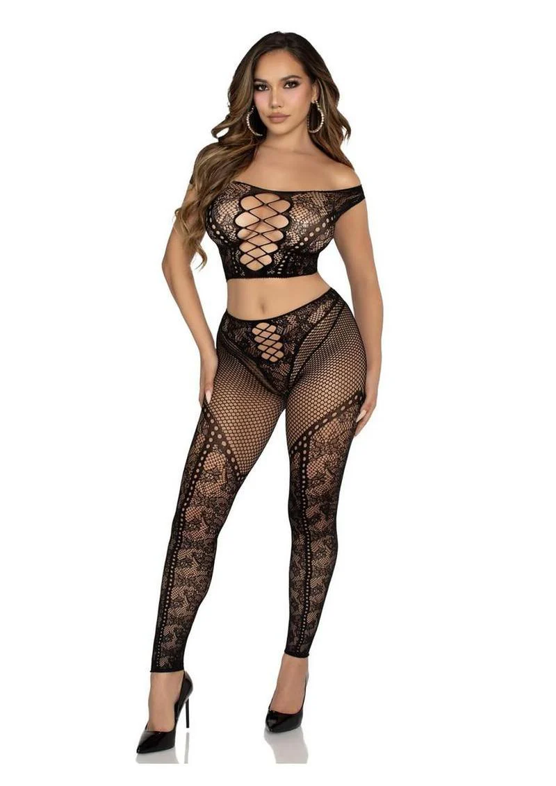 Leg Avenue Net and Lace Off-The-Shoulder Crop Top and Footless Tights - Image 5