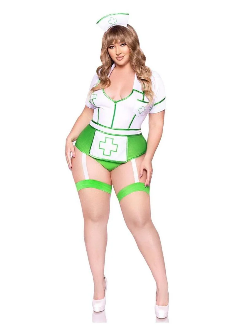 Leg Avenue Nurse Feelgood Snap Crotch Garter Bodysuit with Attached Apron and Hat Headband - Image 15