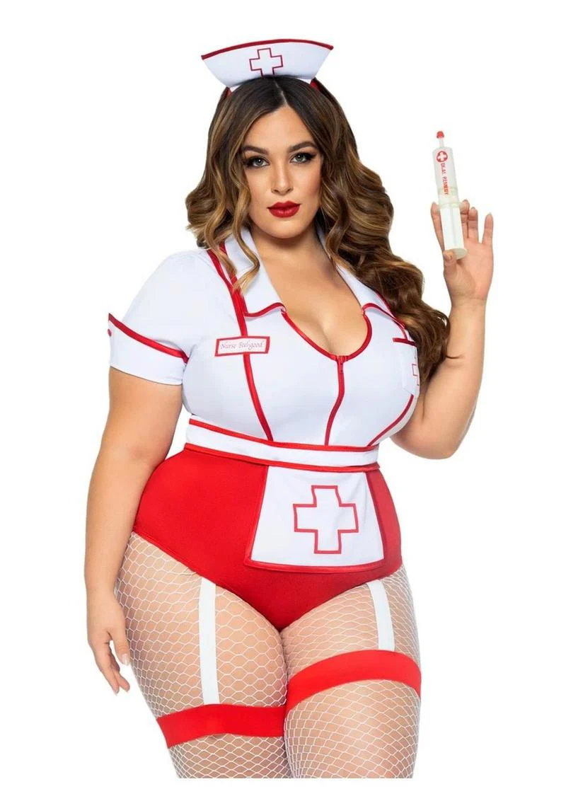 Leg Avenue Nurse Feelgood Snap Crotch Garter Bodysuit with Attached Apron and Hat Headband - Image 4