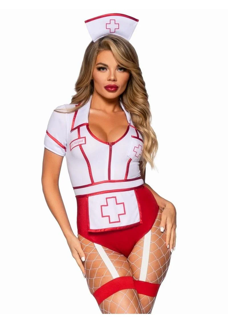 Leg Avenue Nurse Feelgood Snap Crotch Garter Bodysuit with Attached Apron and Hat Headband - Image 6