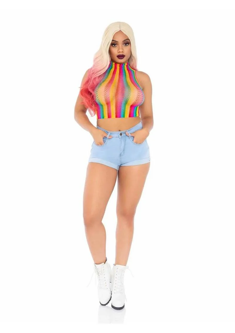 Leg Avenue Rainbow Net High Neck Crop Top - Image 3