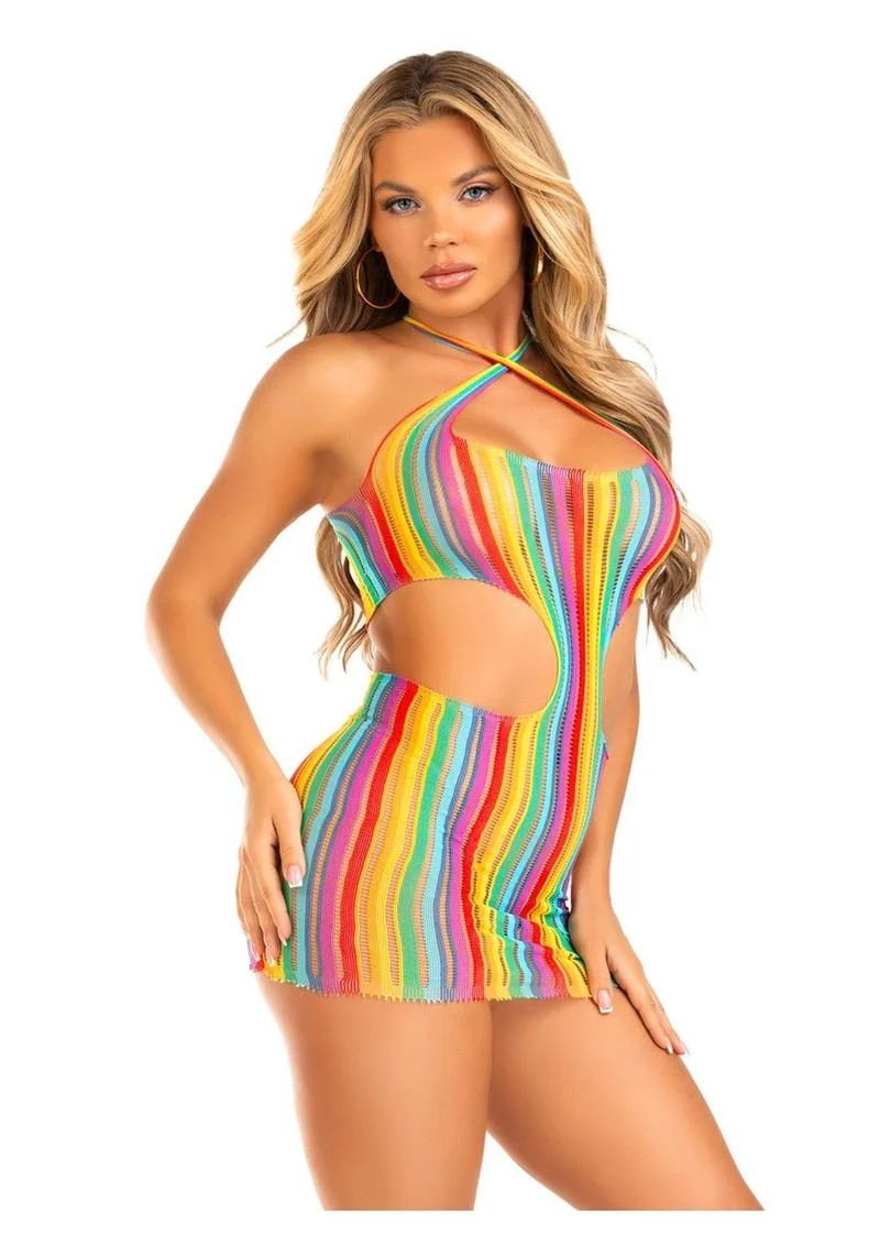 Leg Avenue Rainbow Stripe Cross-Over Halter Mini Dress - Image 2