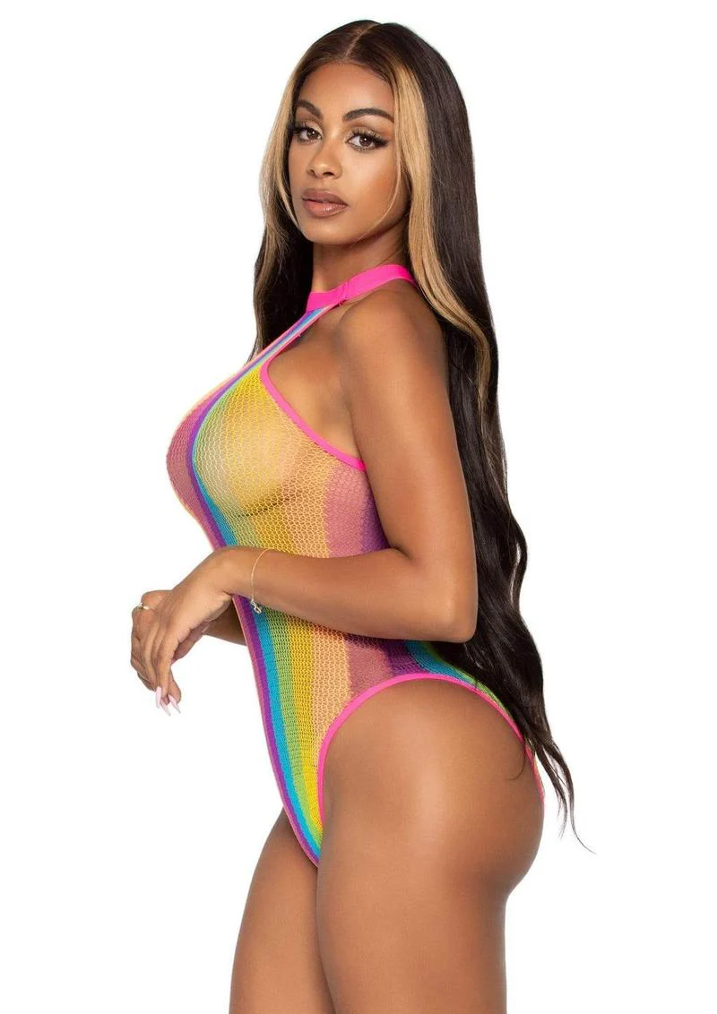 Leg Avenue Rainbow Striped Net Halter Bodysuit with Snap Crotch - Image 3