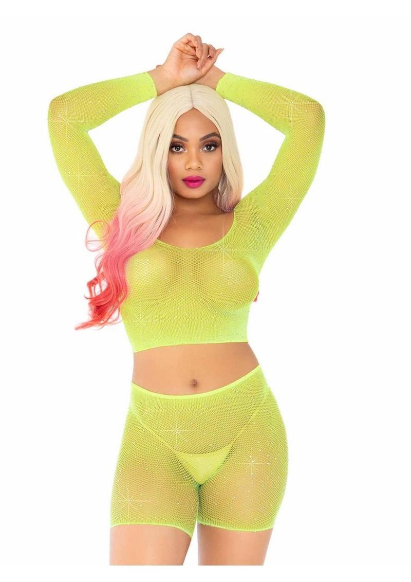 Leg Avenue Rhinestone Fishnet Long Sleeve Crop Top and Biker Shorts - Image 5